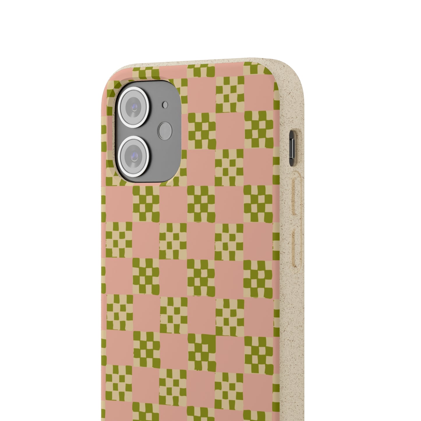 Checkered Quilt Biodegradable Phone Case, pink, olive green and light yellow