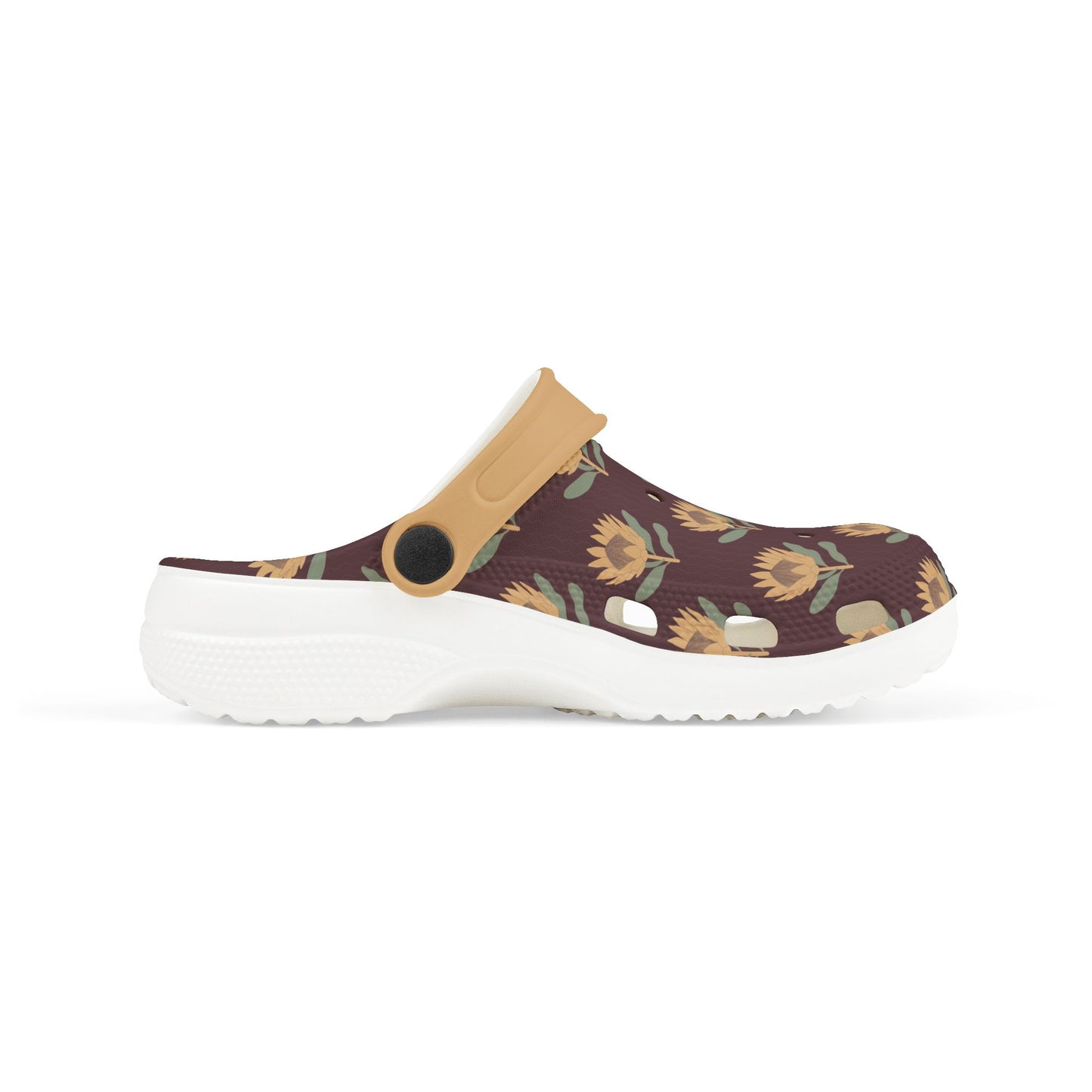King Protea Floral Kid's EVA Foam Clogs — Dark Plum and Butter Yellow All-Over Print Slip-on Shoes