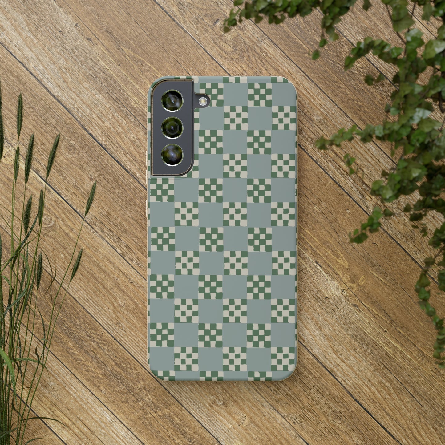 Checkered Quilt Biodegradable Phone Case, mint and green