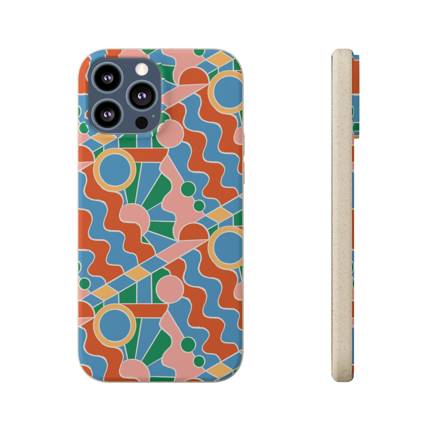 Day Trippin' Biodegradable Phone Case, blue, green, pink and brick red