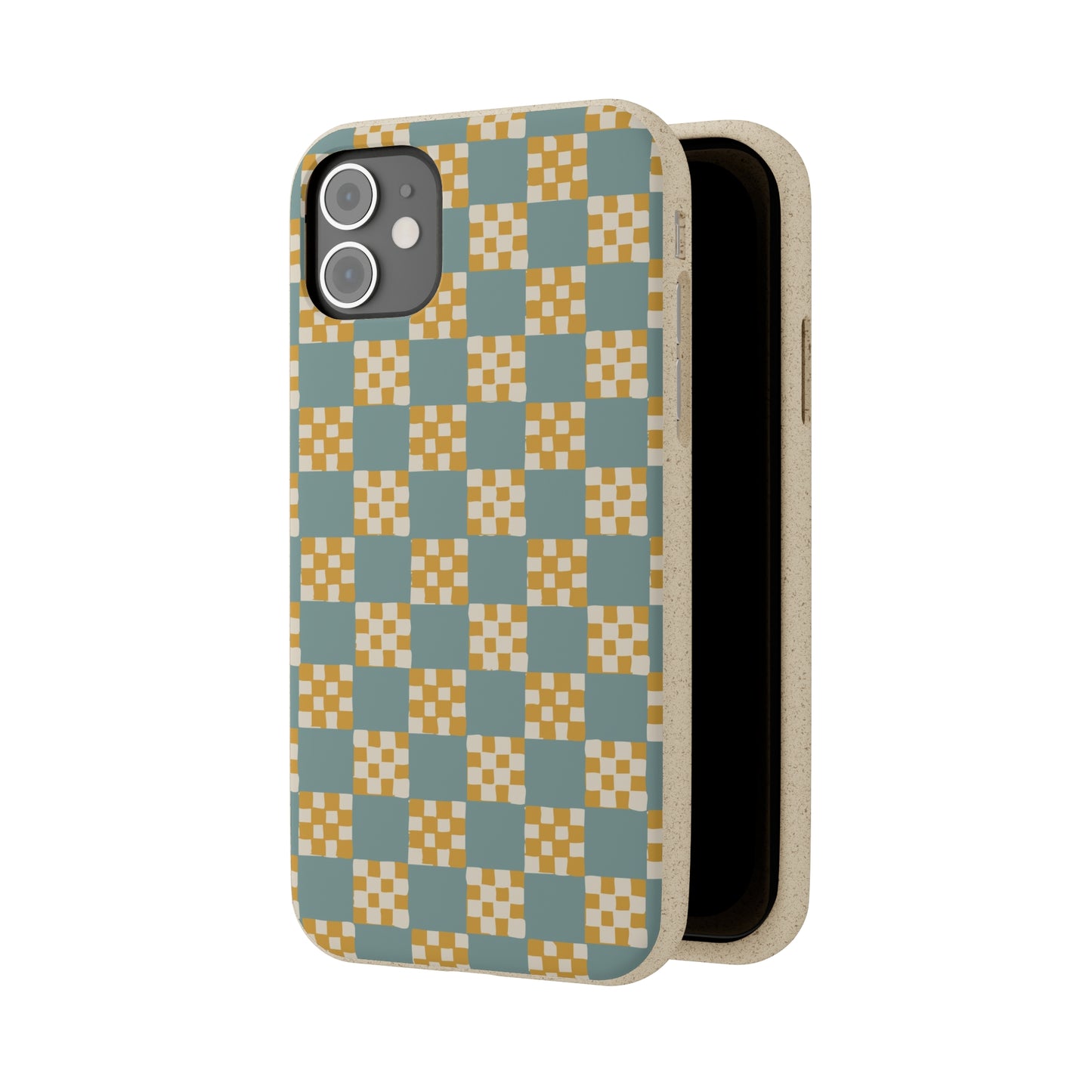 Checkered Quilt Biodegradable Phone Case, light blue and yellow