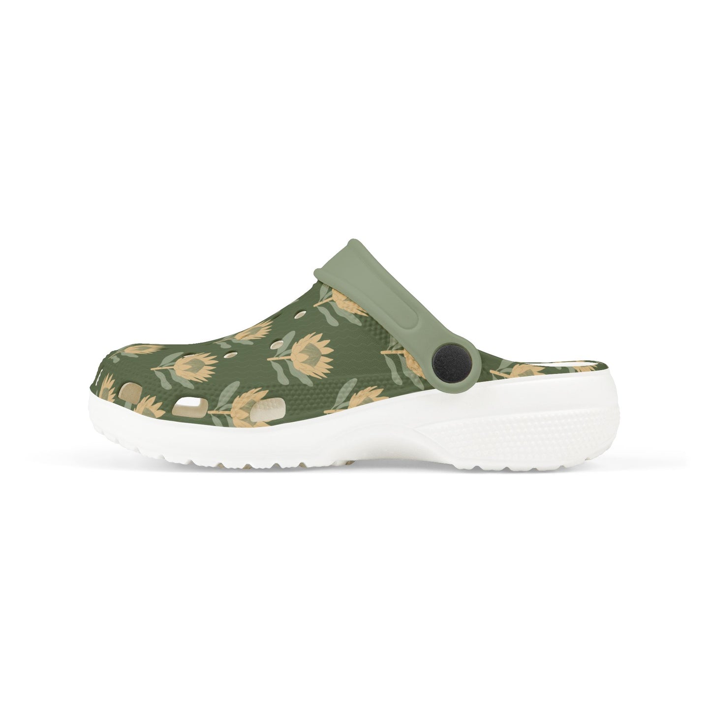 King Protea Floral Kid's EVA Foam Clogs — Forest Green and Butter Yellow All-Over Print Slip-on Shoes