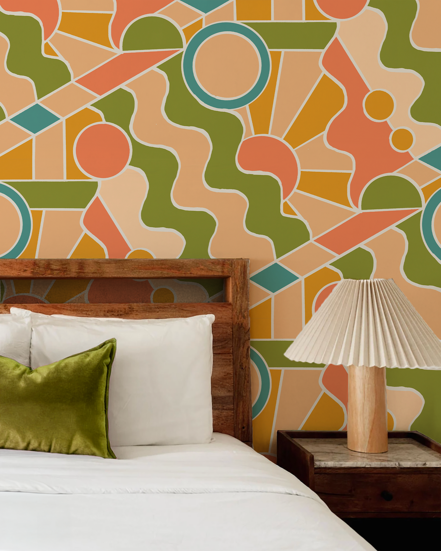 Day Trippin' Wallpaper, olive green, peach, coral and blue