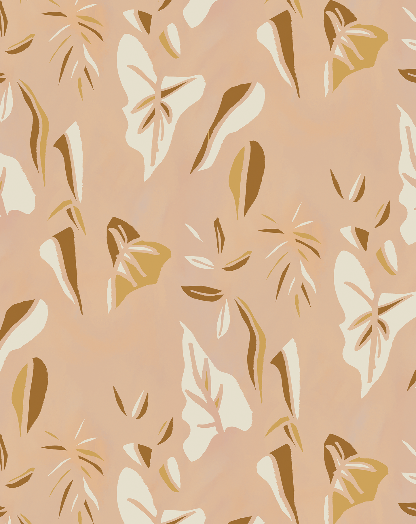 Block Print Foliage Wallpaper, peach and mustard