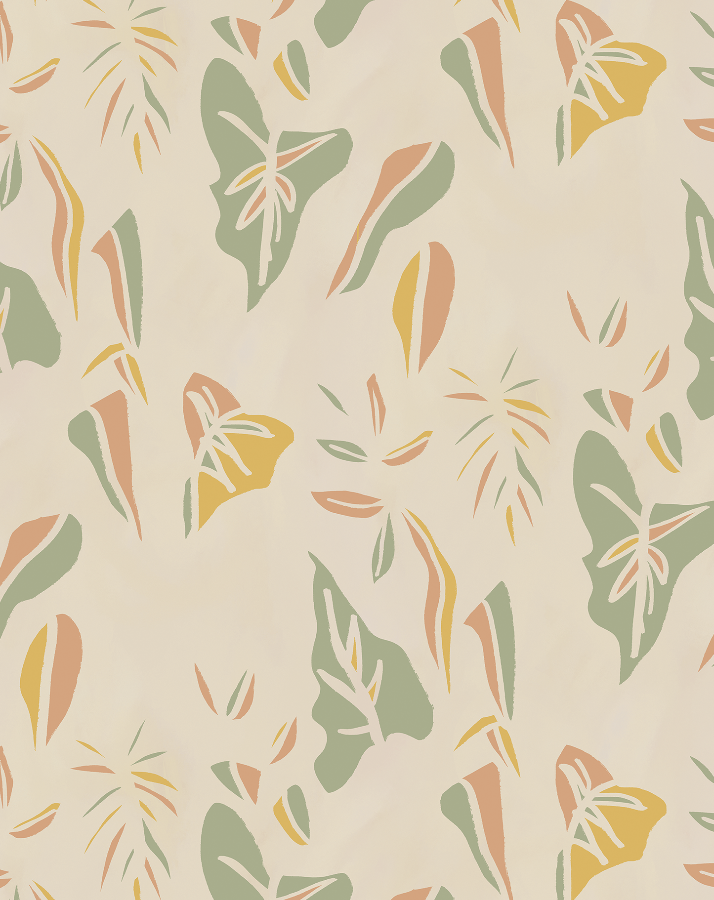 Block Print Foliage Wallpaper, tan and mint