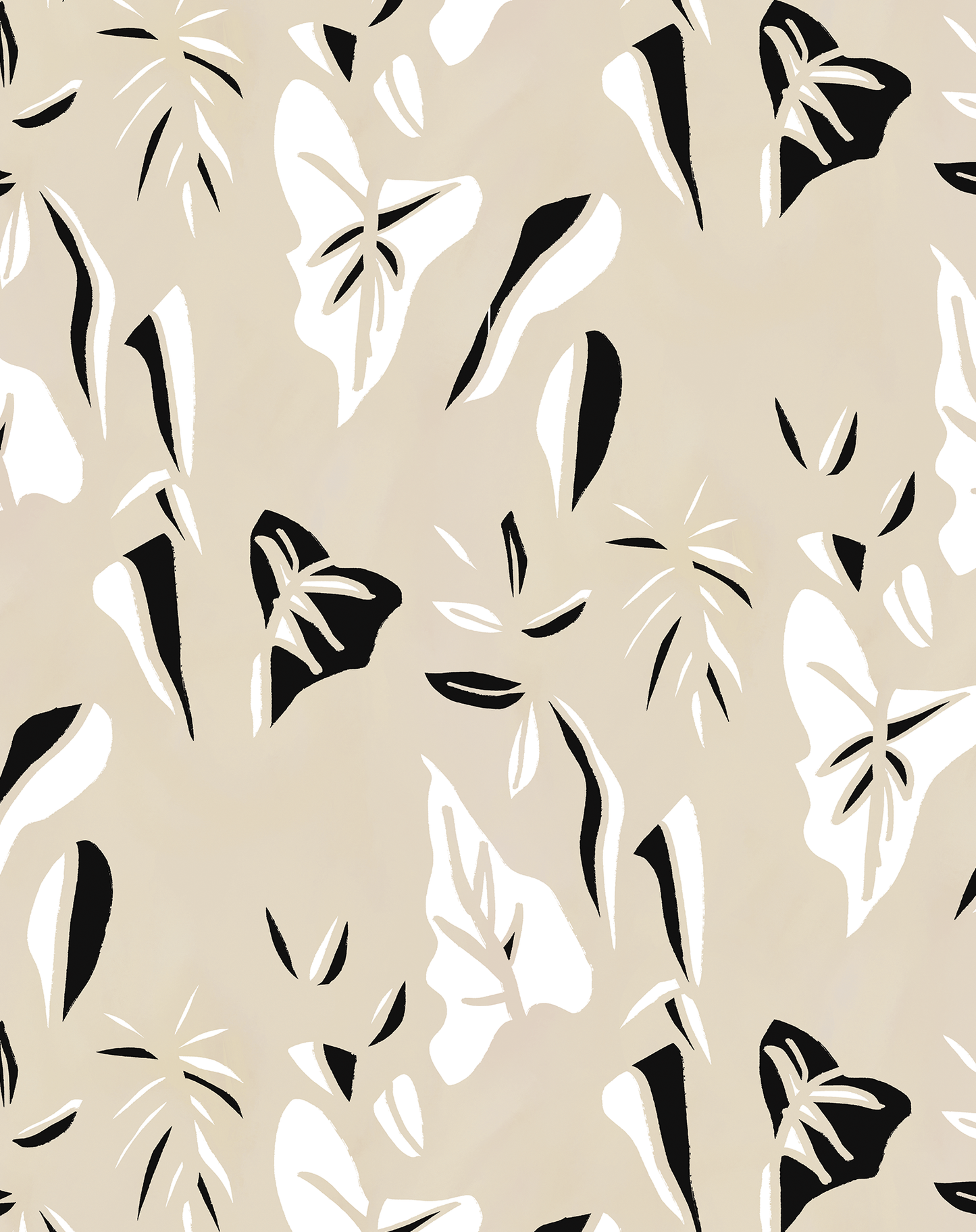 Block Print Foliage Wallpaper, tan and black