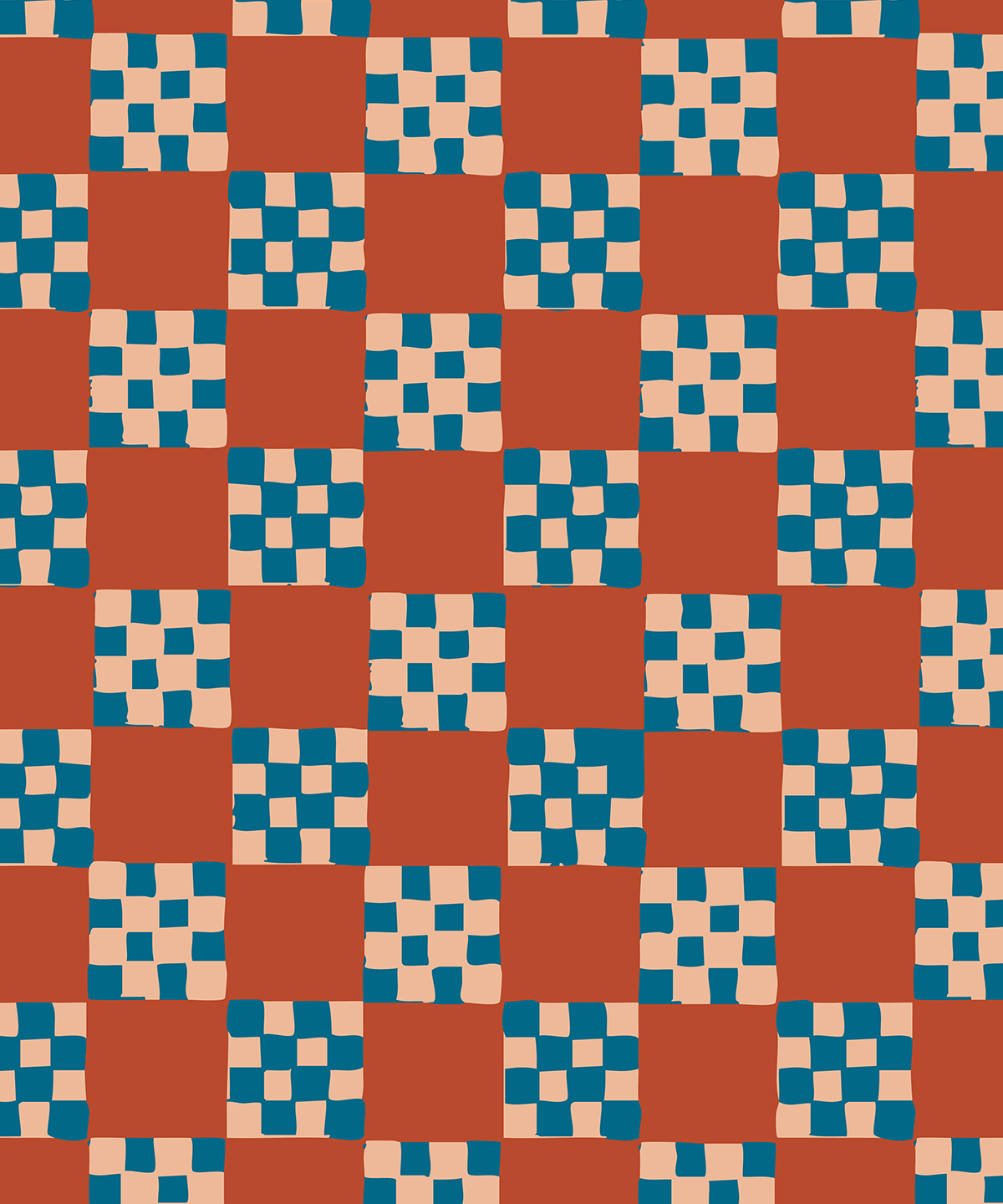 Checkered Quilt Wallpaper, rust, peach & blue