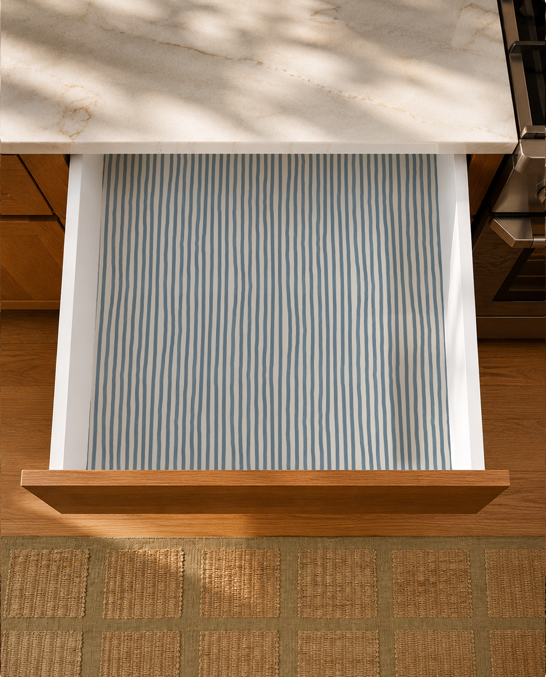 Dolce Stripe Contact Paper, off-white and dusty blue