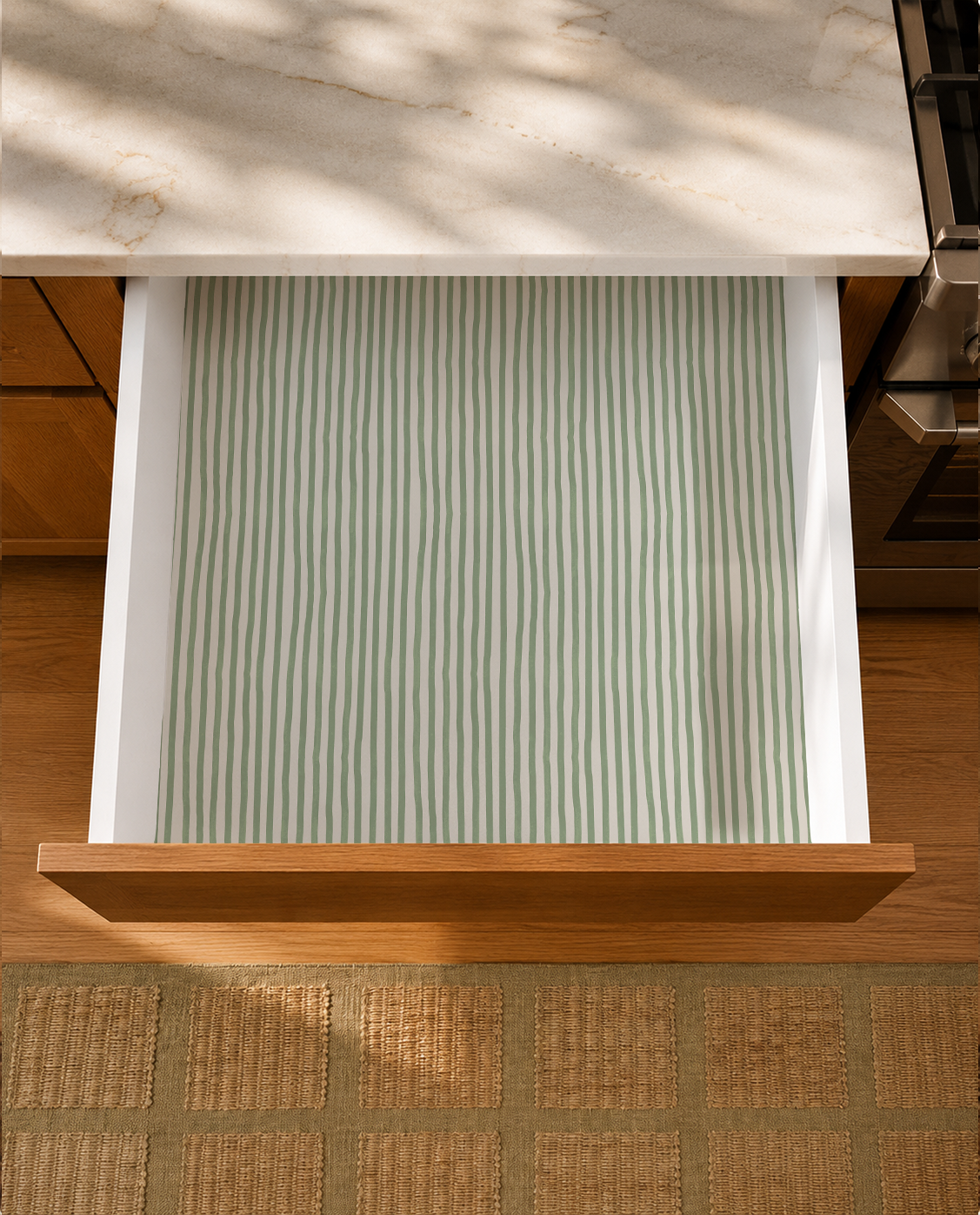 Dolce Stripe Contact Paper, off-white and sage green