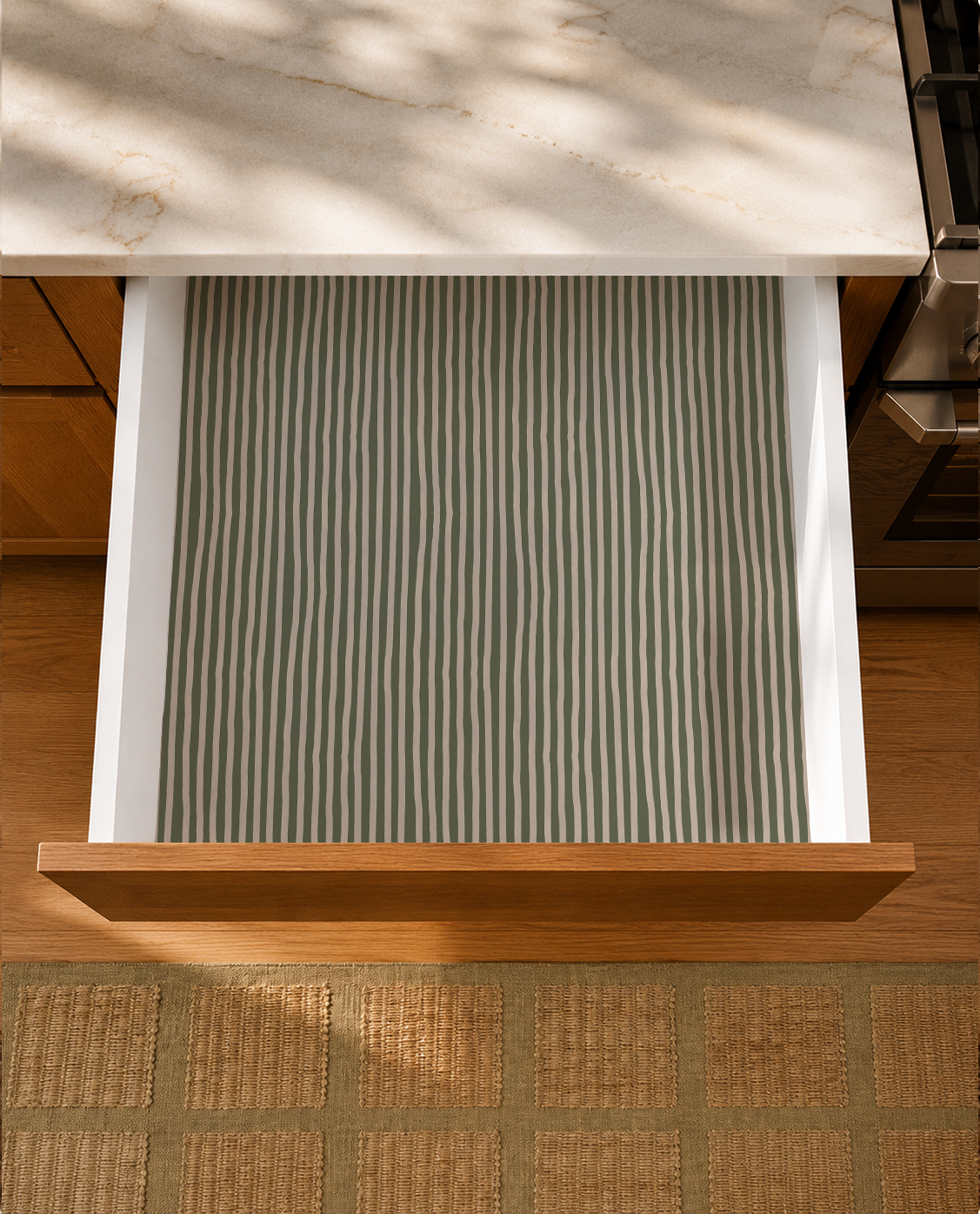 Dolce Stripe Contact Paper, olive green and tan