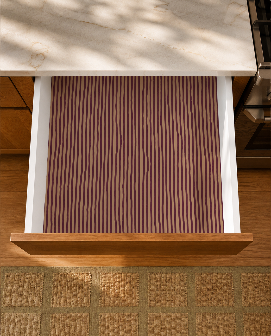 Dolce Stripe Contact Paper, peach and eggplant