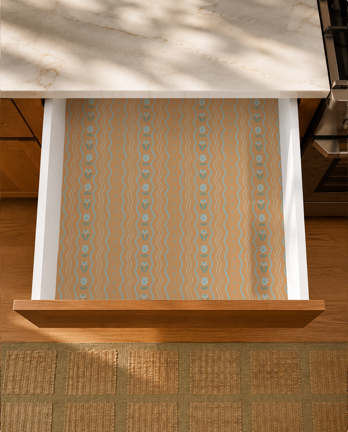Posy Lane Contact Paper, apricot, light blue and green