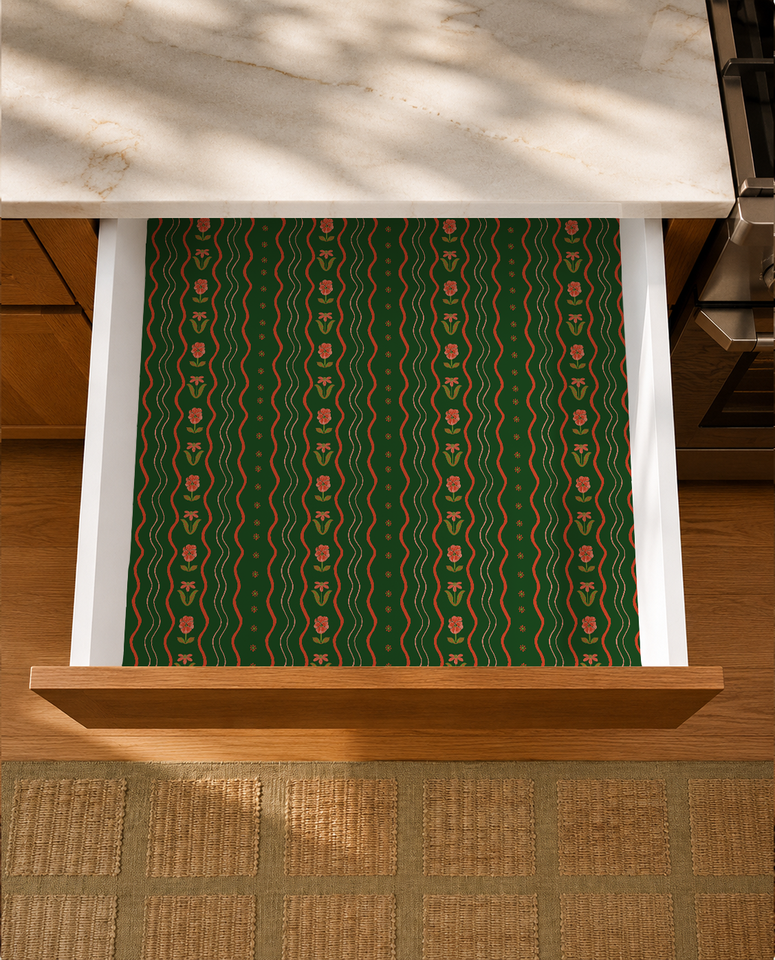 Posy Lane Contact Paper, dark green, poppy red and green