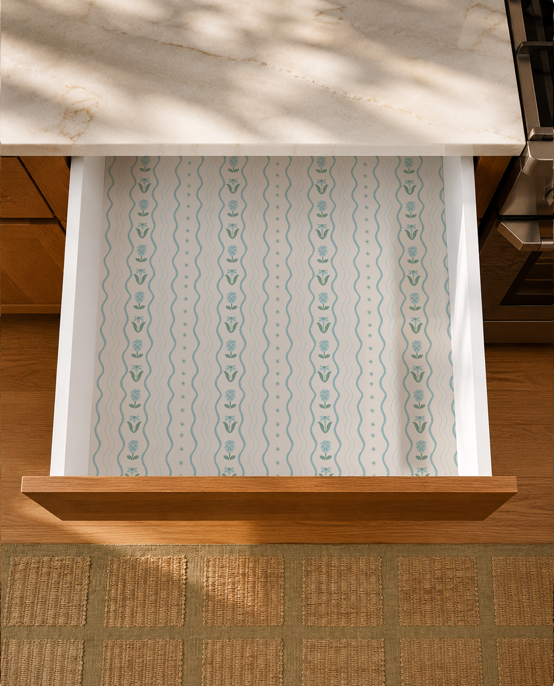 Posy Lane Contact Paper, off-white and light blue, green