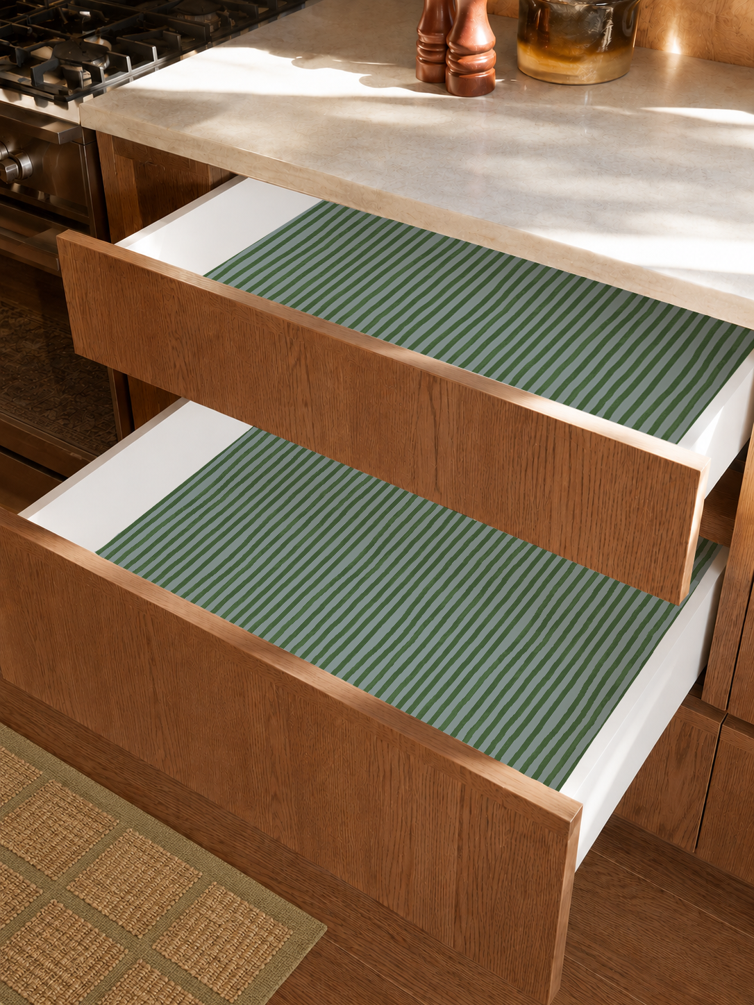 Dolce Stripe Contact Paper, dusty blue and green