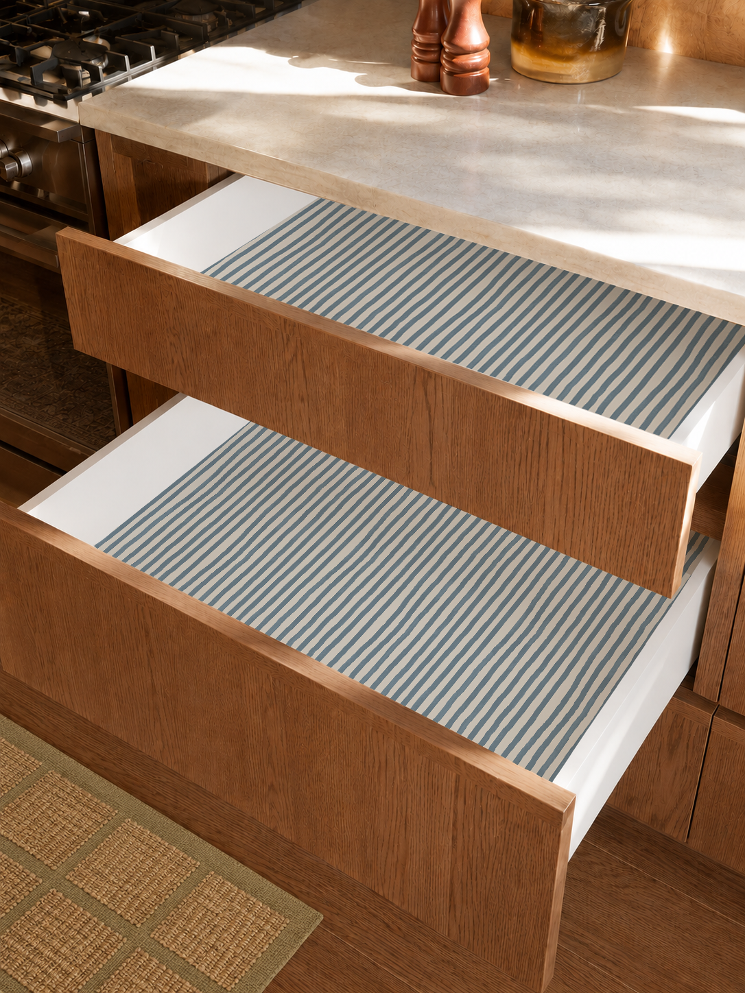 Dolce Stripe Contact Paper, off-white and dusty blue