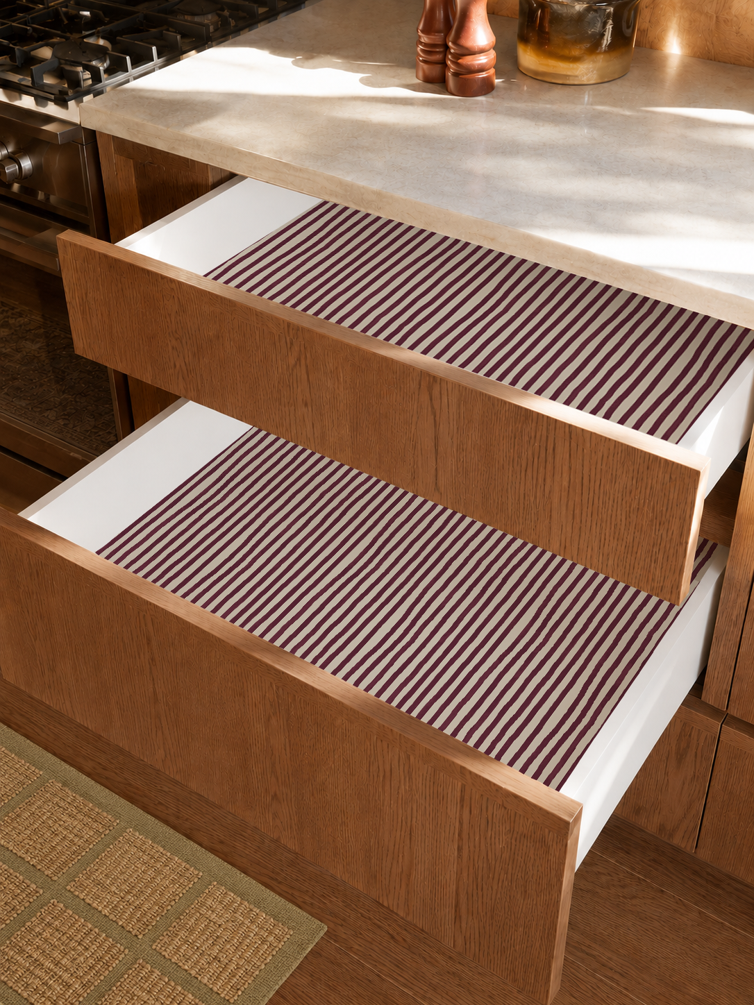 Dolce Stripe Contact Paper, off-white and eggplant