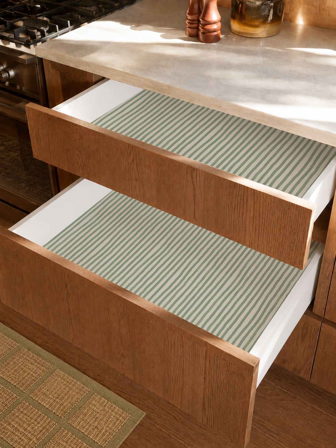 Dolce Stripe Contact Paper, off-white and sage green