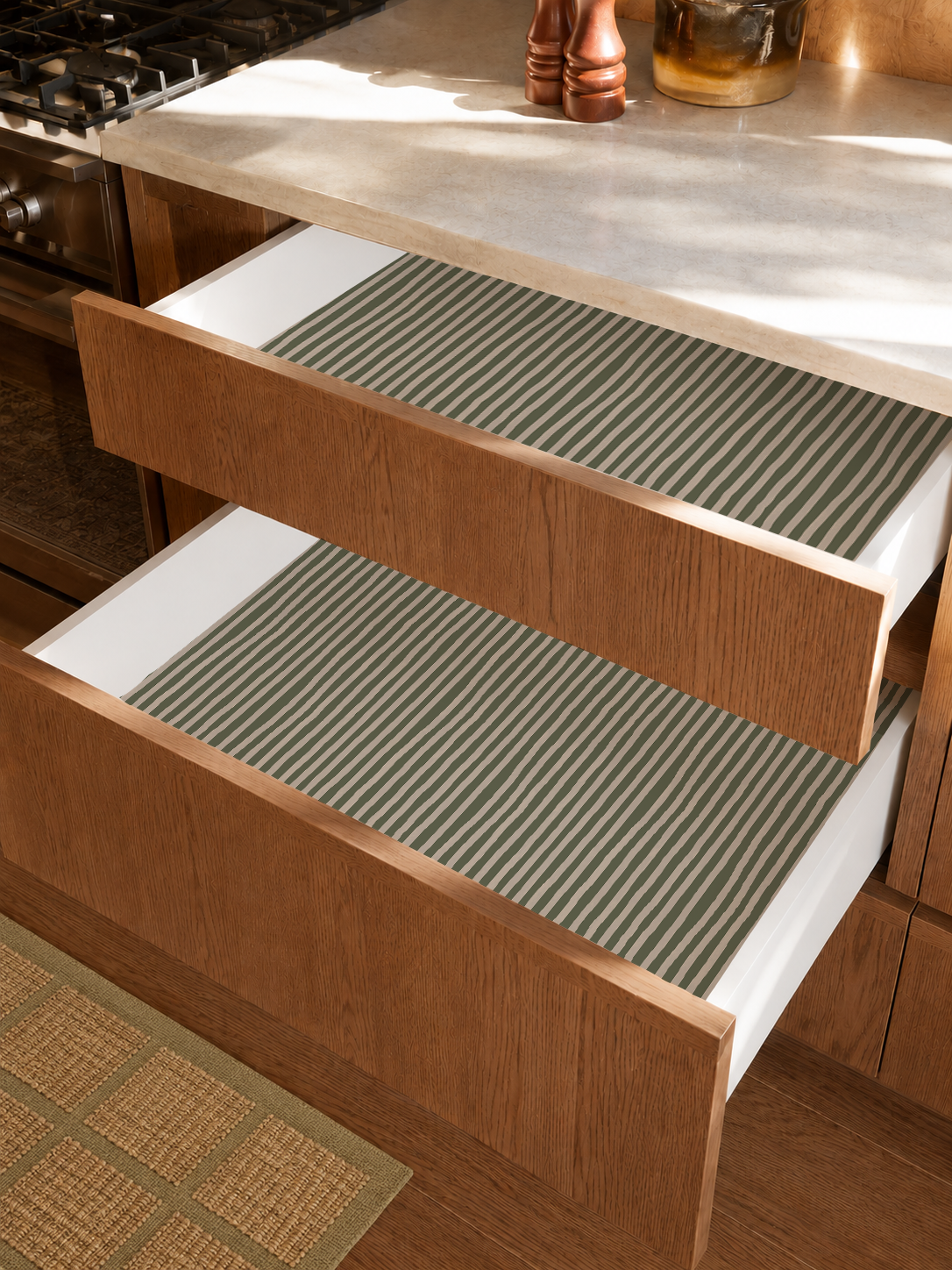 Dolce Stripe Contact Paper, olive green and tan