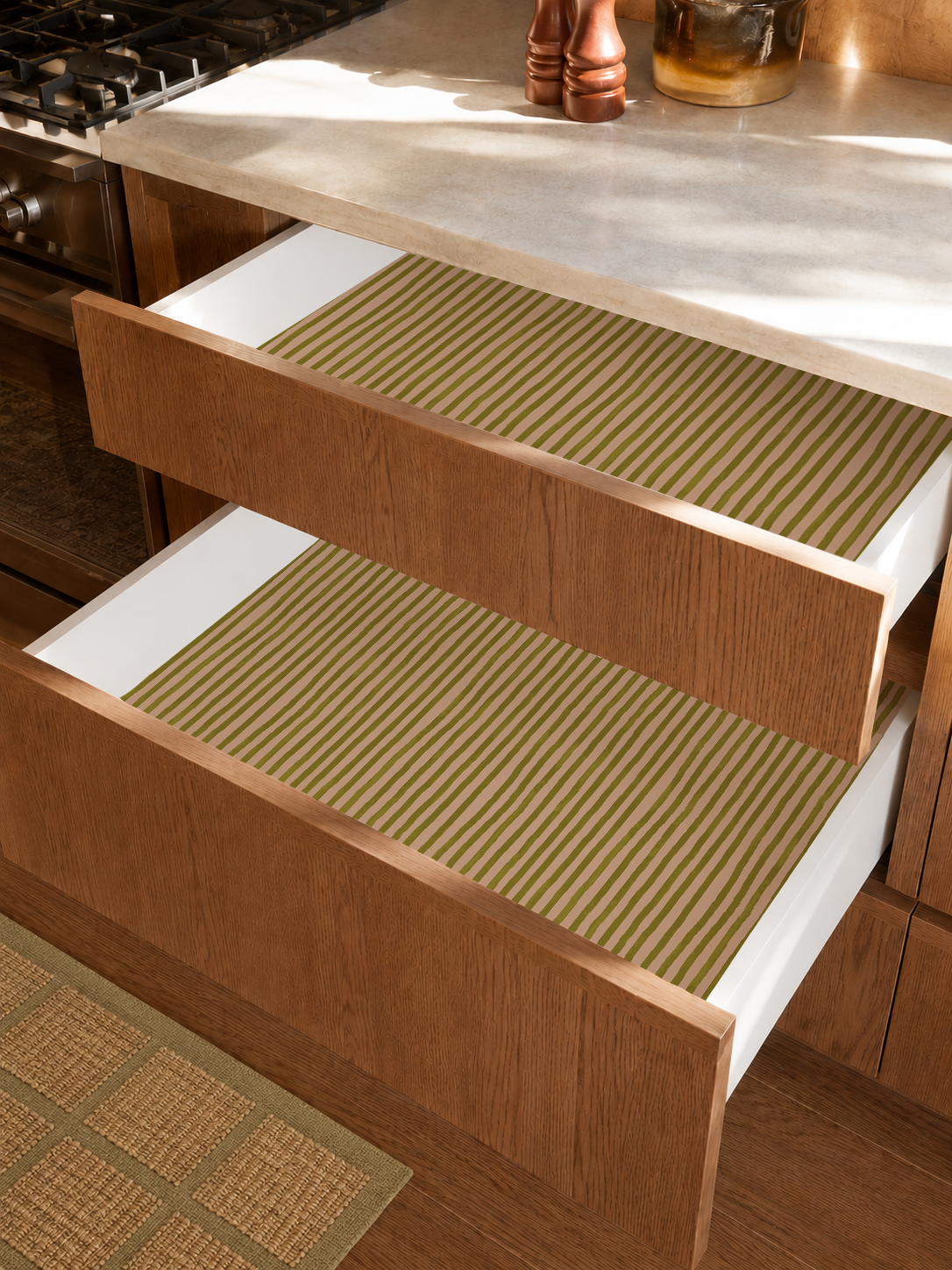 Dolce Stripe Contact Paper, peach and chartreuse