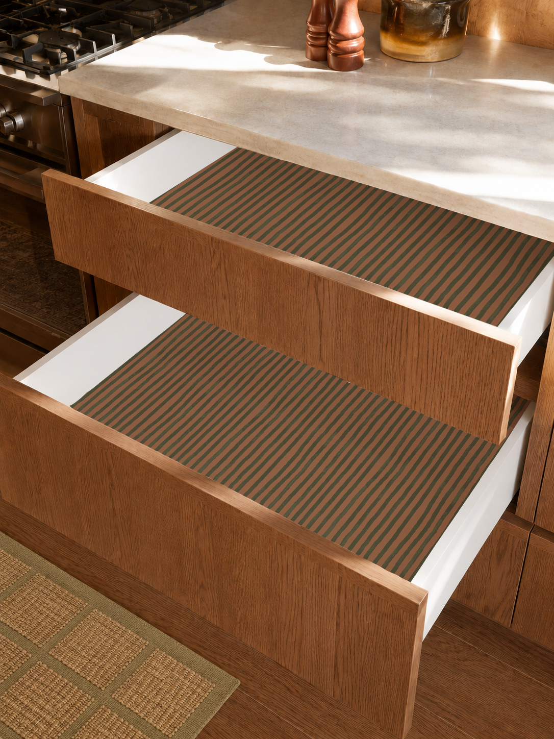 Dolce Stripe Contact Paper, terra cotta and olive