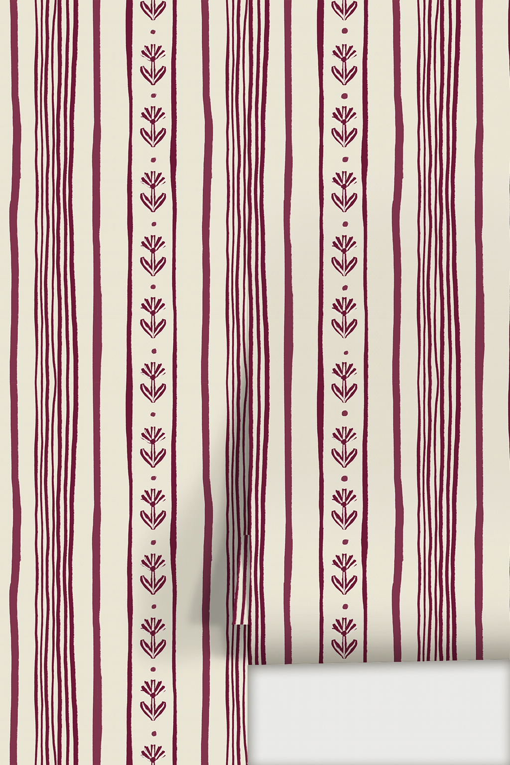 Daisy Chain Stripe Wallpaper, beige and eggplant purple