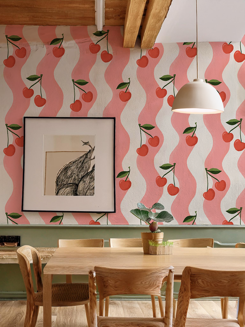 Wavy Cherry Wallpaper, white and pink