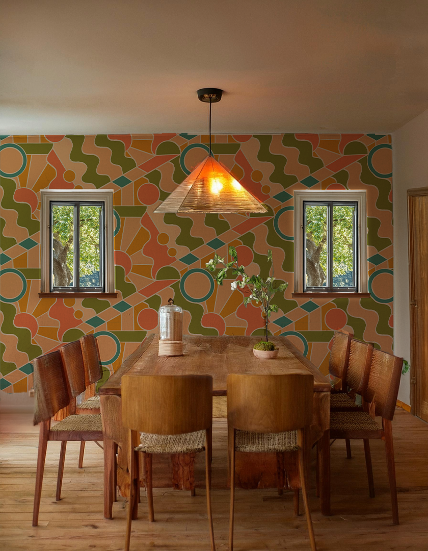 Day Trippin' Wallpaper, olive green, peach, coral and blue