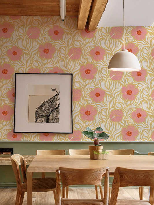 Matilija Wallpaper, butter yellow, pink & white