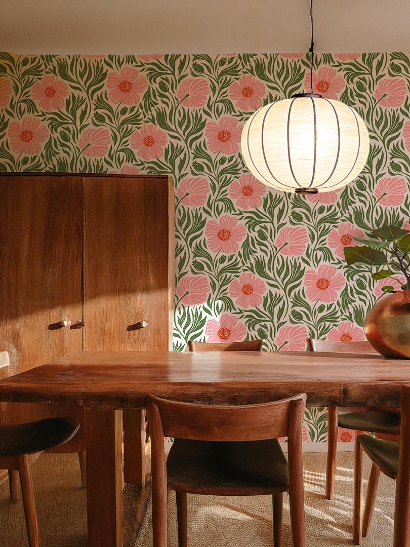 Matilija Wallpaper, white, pink & green