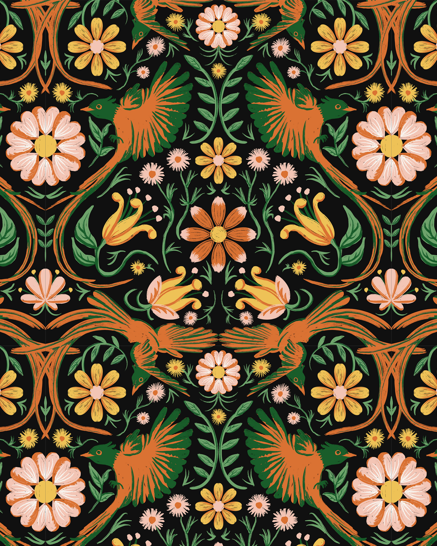 Folkie Birdie Wallpaper, black, orange & green