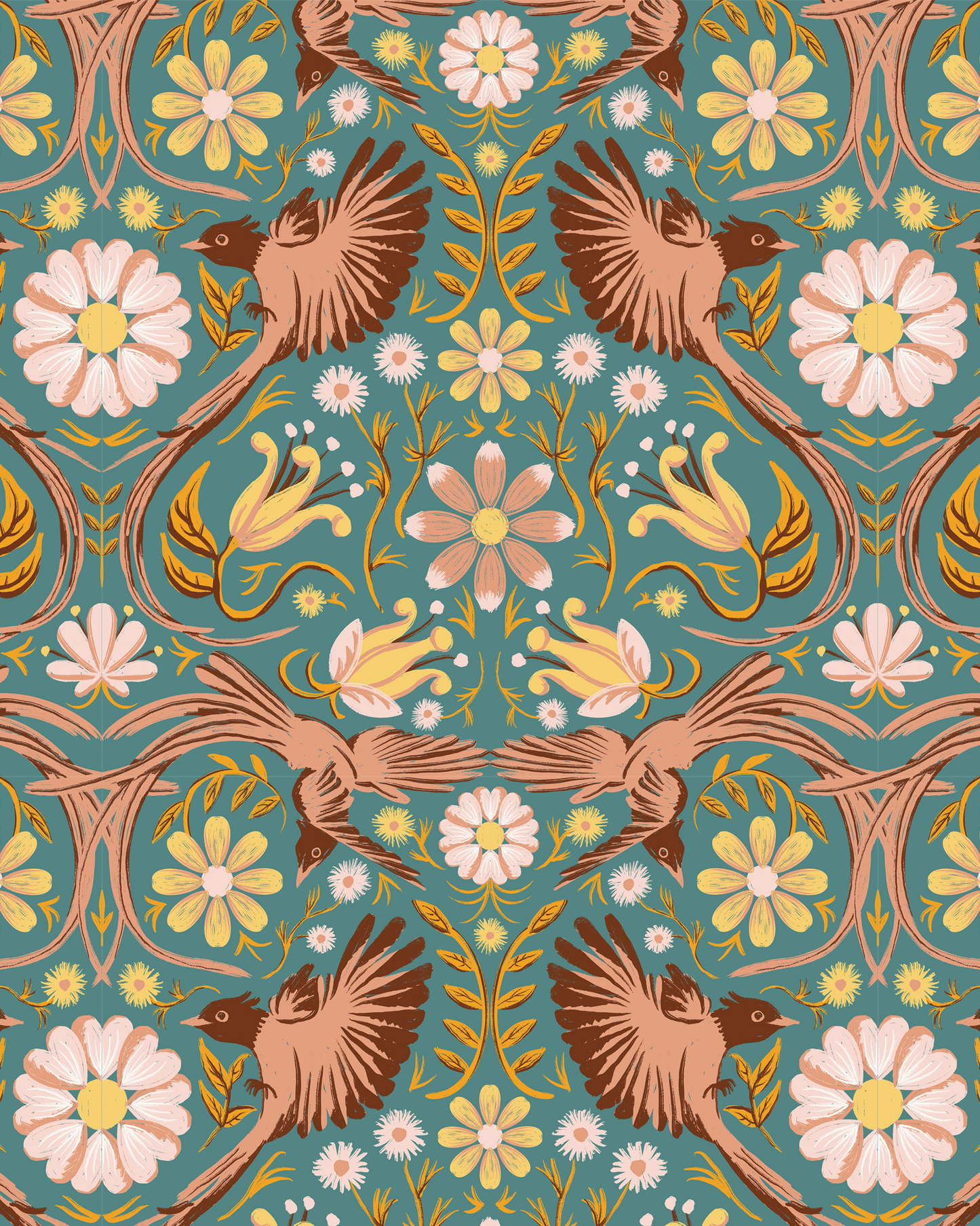 Folkie Birdie Wallpaper, dusty teal, peach & rust