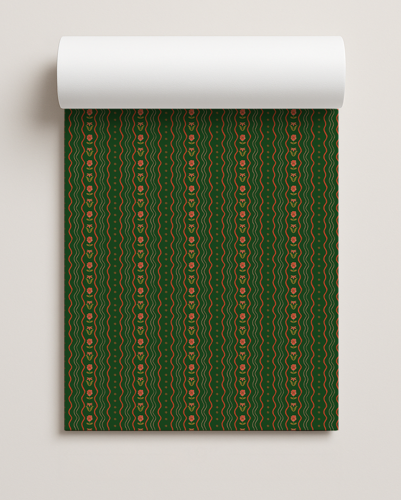 Posy Lane Holiday Gift Wrap, green and poppy red