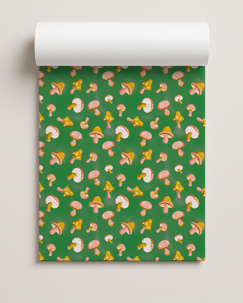 Yuletide Fungi Gift Wrap, green, yellow and peach