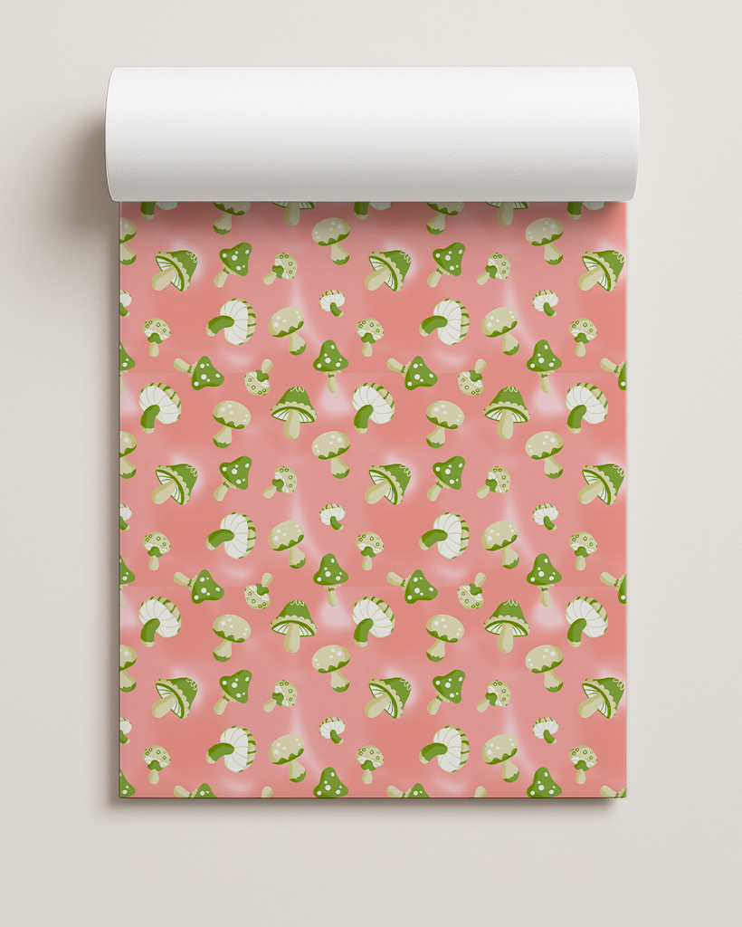 Yuletide Fungi Gift Wrap, green and peach
