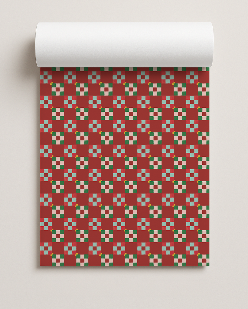 Christmas Quilt Gift Wrap, brick red