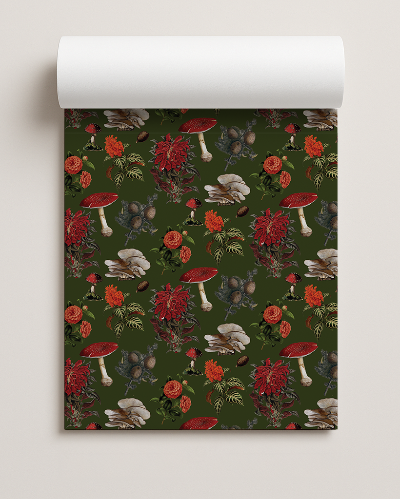 Pines and Shrooms Gift Wrap, green and red