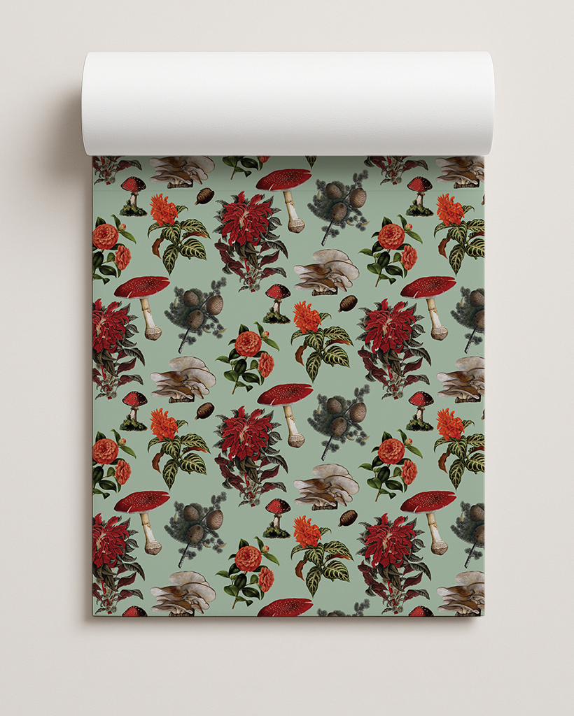 Pines and Shrooms Gift Wrap, mint and red