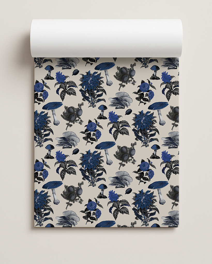 Pines and Shrooms Gift Wrap, off-white and blue