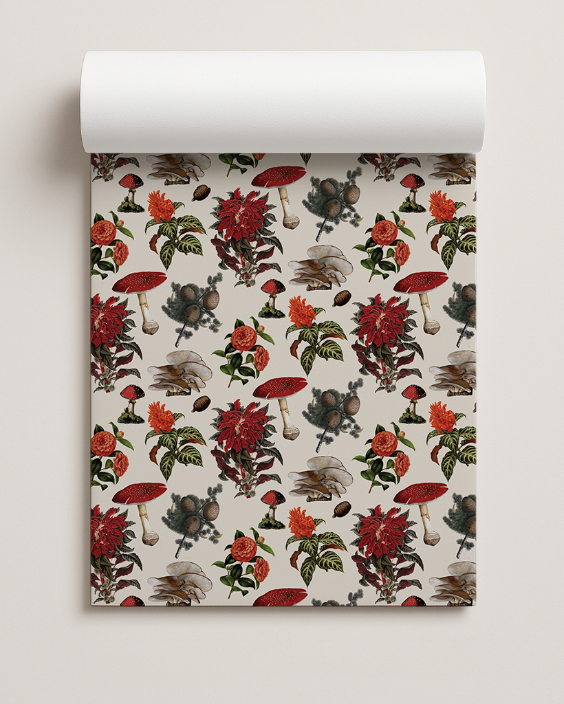 Pines and Shrooms Gift Wrap, off-white and red