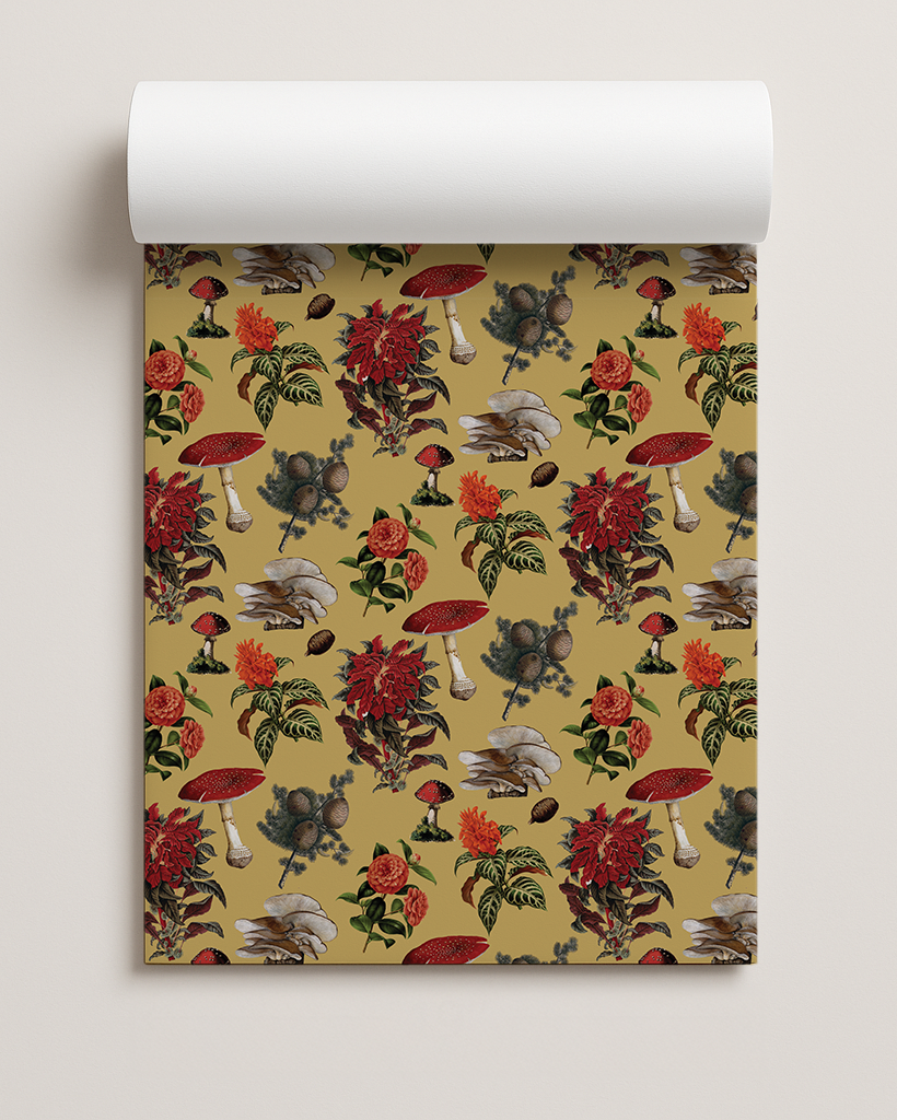 Pines and Shrooms Gift Wrap, yellow and red