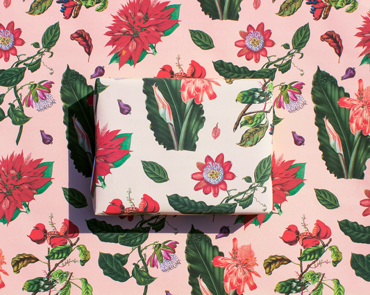 Vintage Poinsettia Wrapping Paper, Large Roll, peach & red