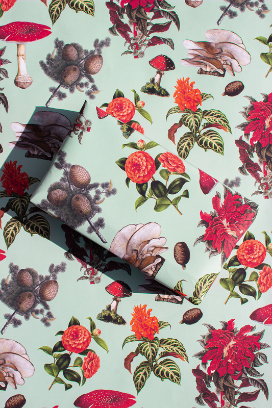Pines and Shrooms Wrapping Paper, Large Roll, mint and red