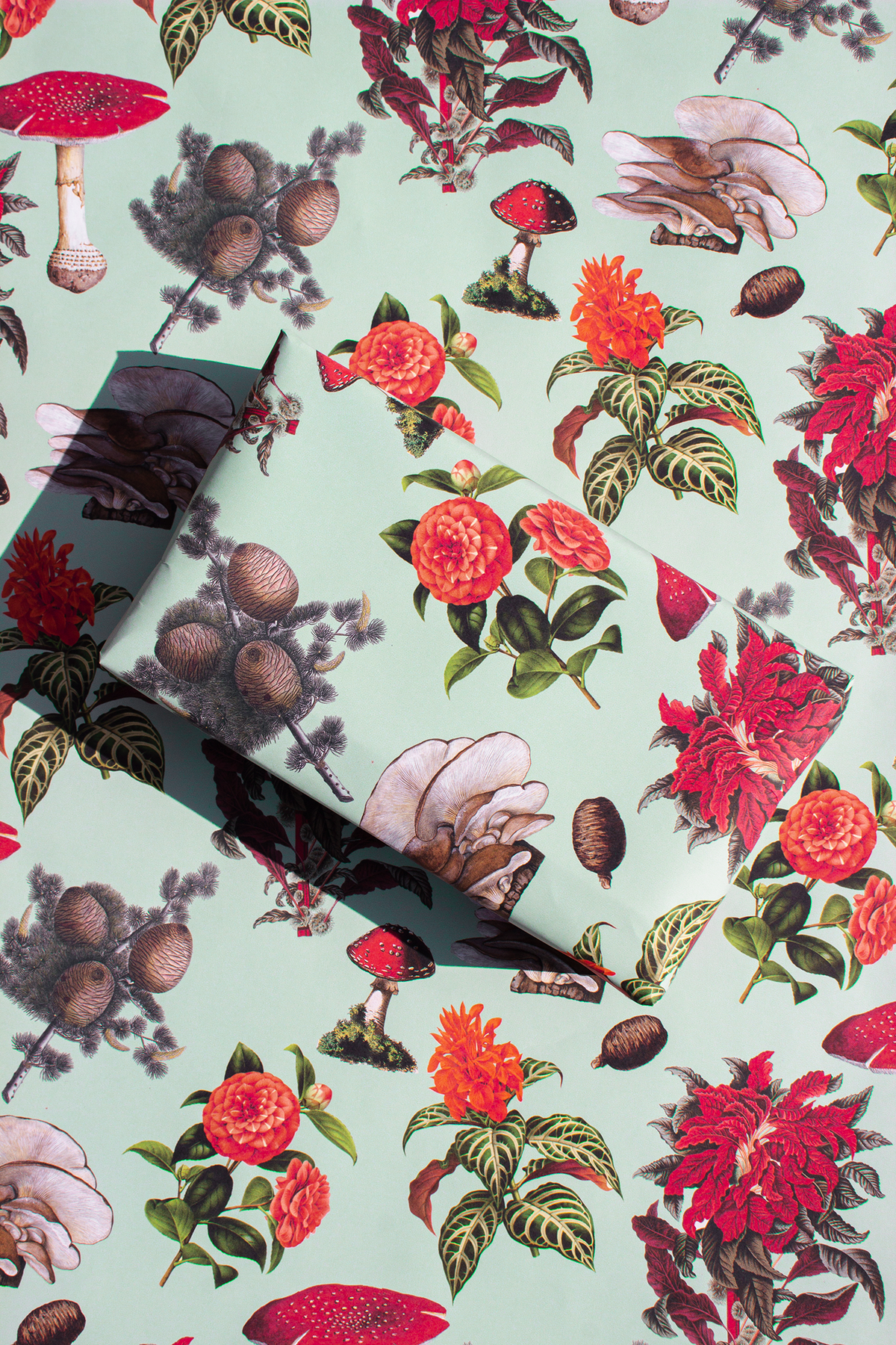 Pines and Shrooms Gift Wrap, mint and red Wrapping Paper