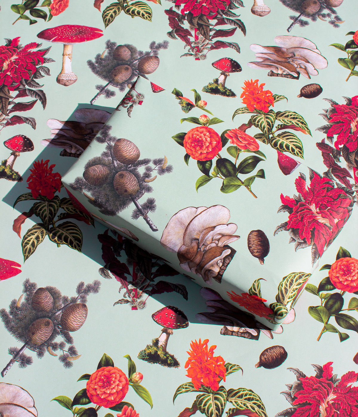 Pines and Shrooms Gift Wrap, mint and red Wrapping Paper