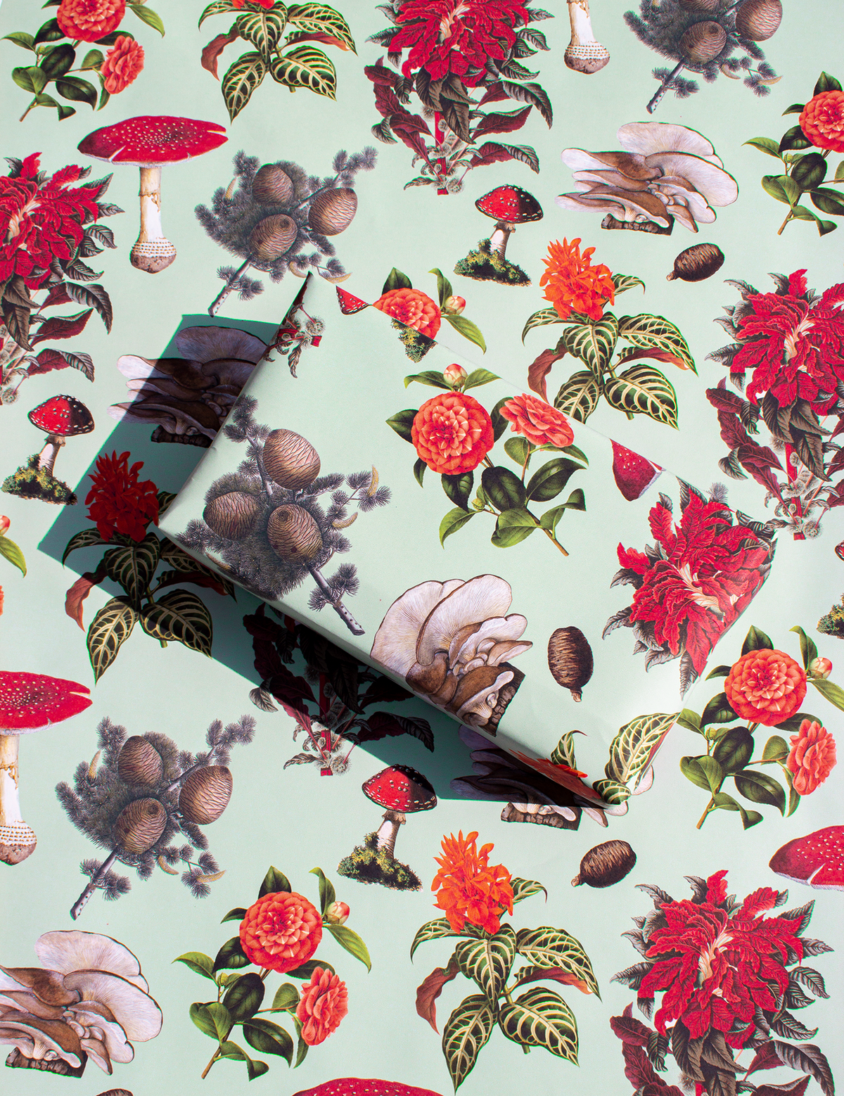 Pines and Shrooms Gift Wrap, mint and red Wrapping Paper