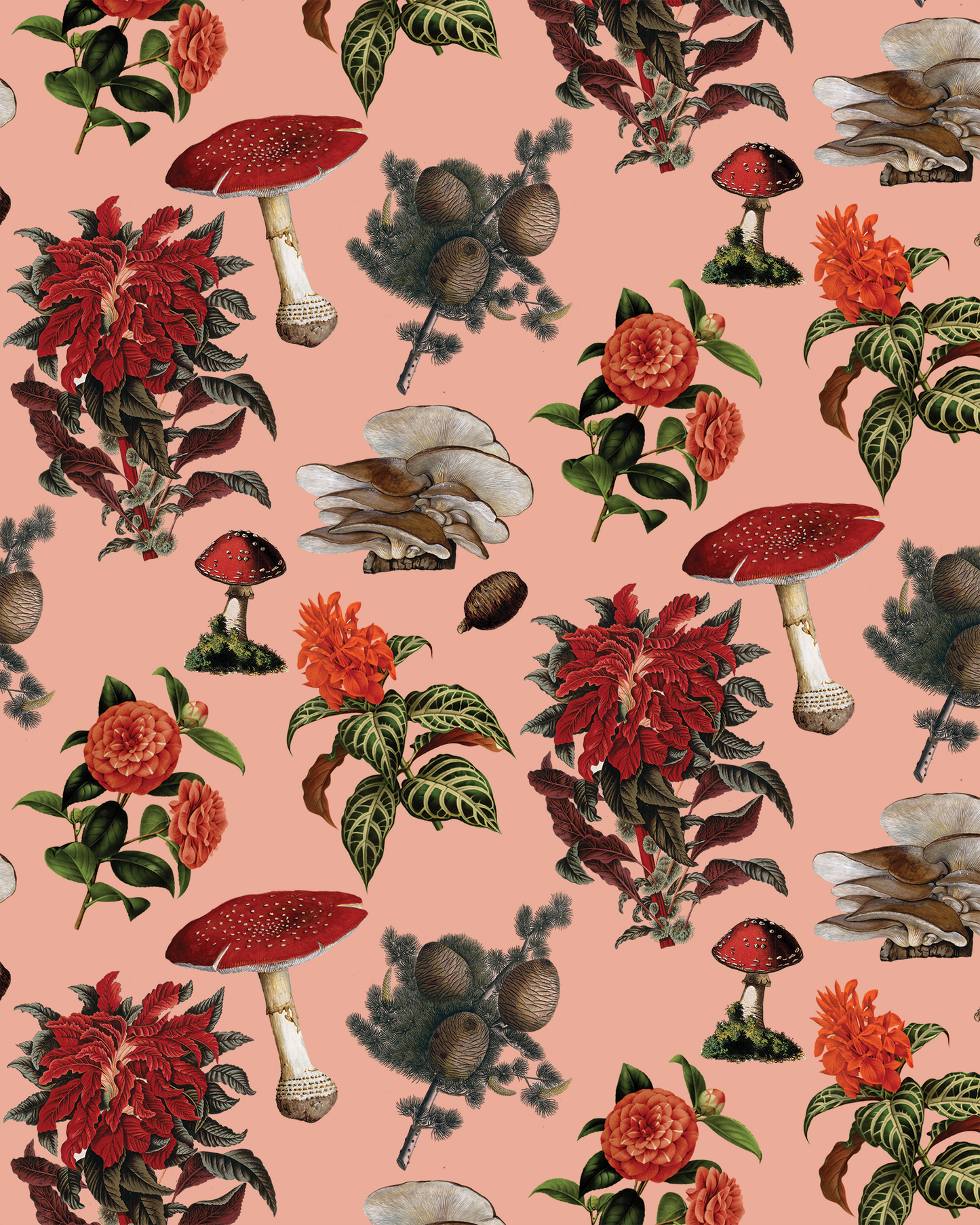 Pines and Shrooms Wrapping Paper, Large Roll, coral and red