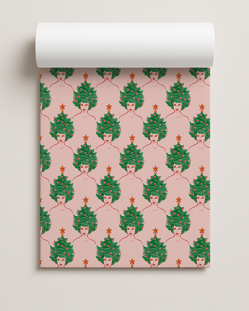 Tree Lady Gift Wrap, green & pink