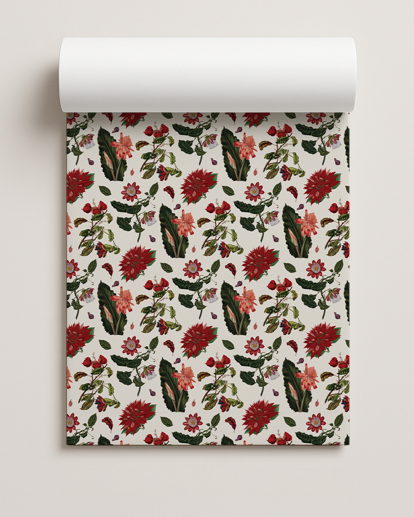 Vintage Poinsettia Gift Wrap, off-white & red