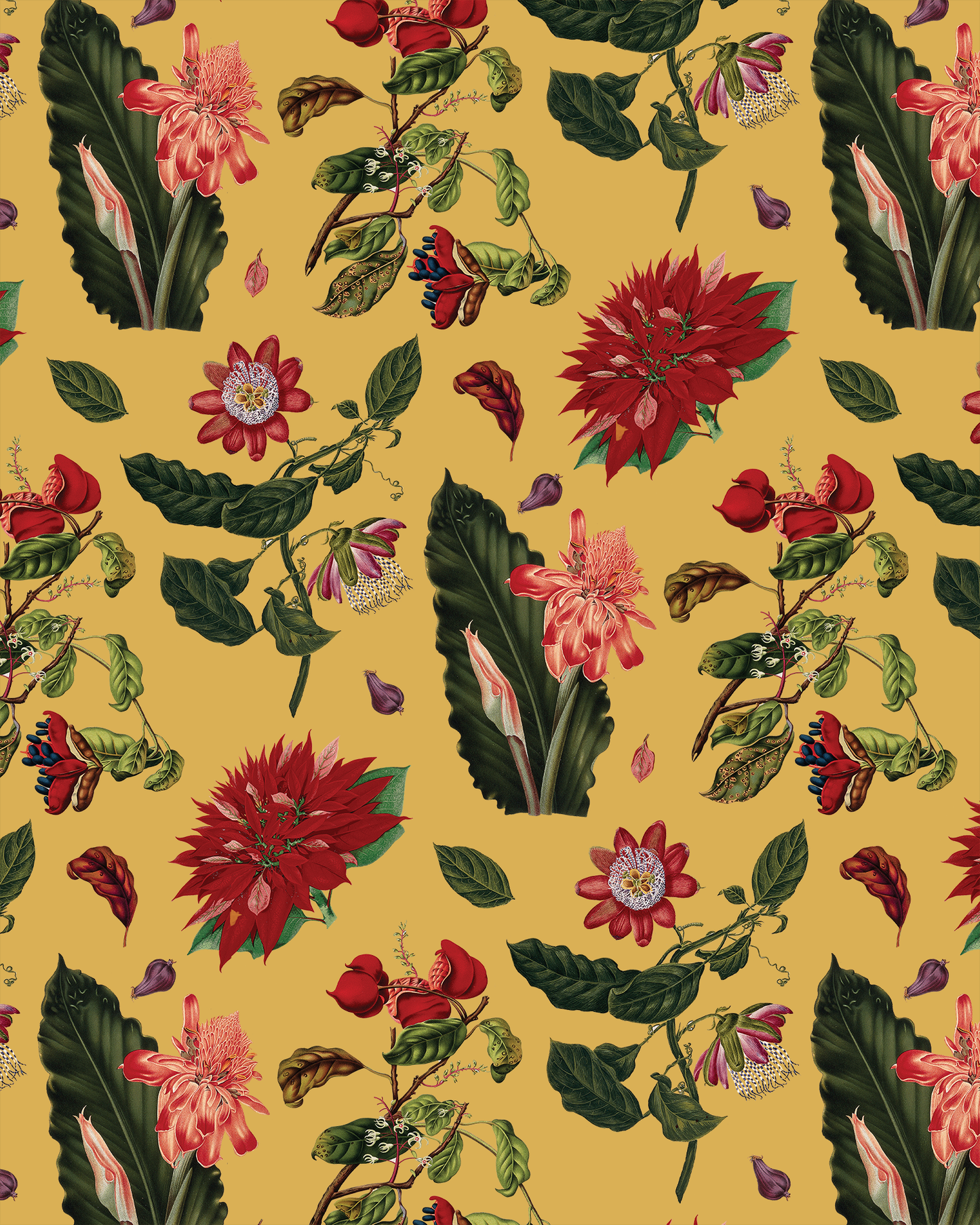Vintage Poinsettia Wrapping Paper, Large Roll, yellow & red